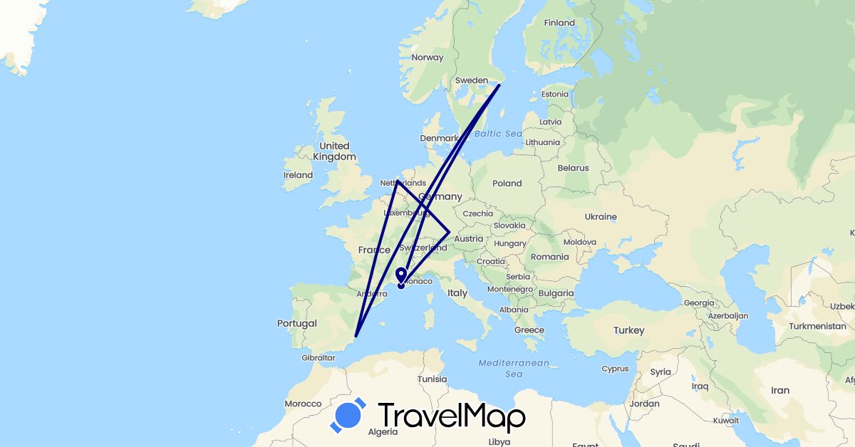 TravelMap itinerary: driving in Germany, Spain, France, Netherlands, Sweden (Europe)